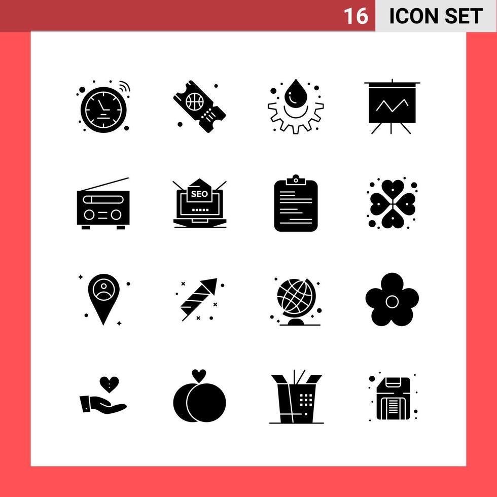 16 Icon Pack Solid Style Glyph Symbols on White Background Simple Signs for general designing Creative Black Icon vector background