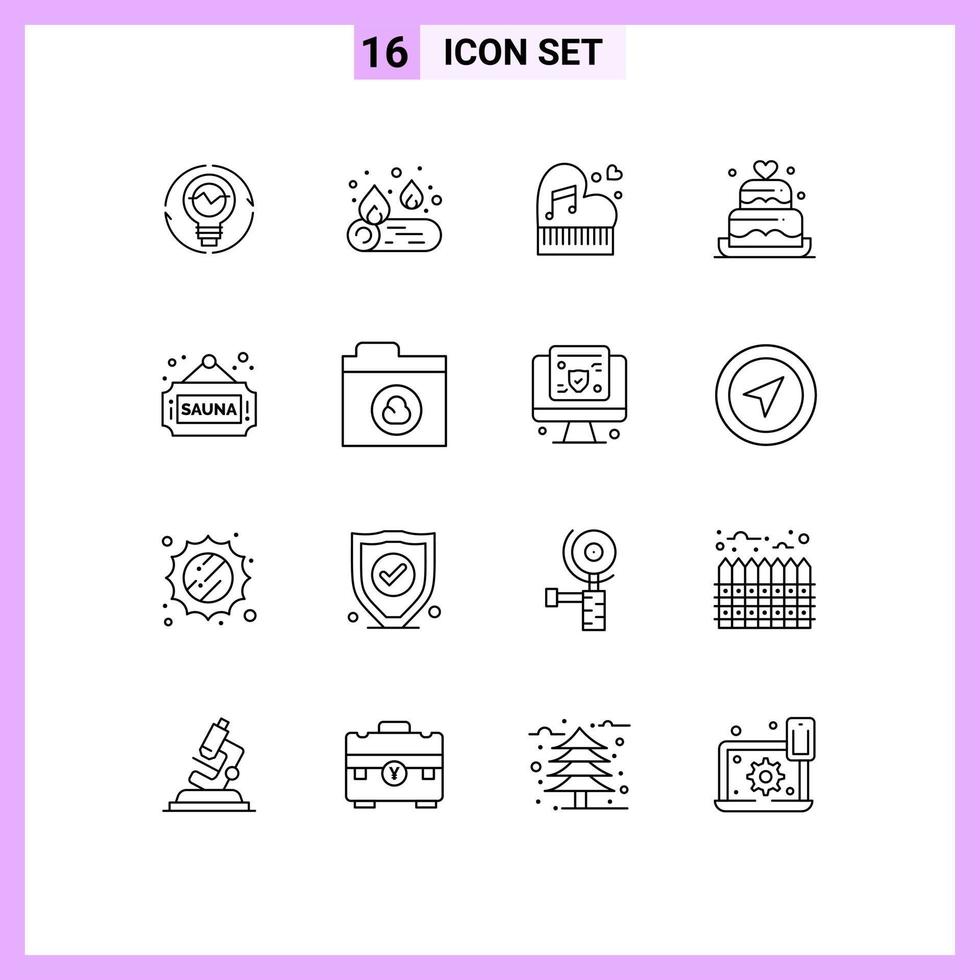 Modern Set of 16 Outlines Pictograph of cake valentine camping piano marriage Editable Vector Design Elements