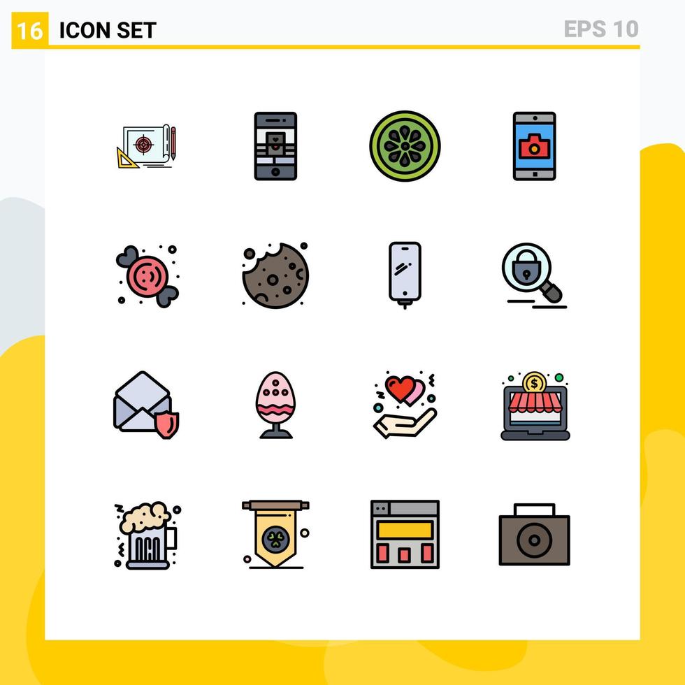 16 Universal Flat Color Filled Line Signs Symbols of mobile application application video pizza food Editable Creative Vector Design Elements