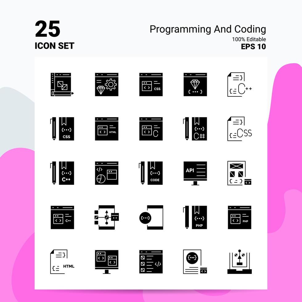 25 Programming And Coding Icon Set 100 Editable EPS 10 Files Business Logo Concept Ideas Solid Glyph icon design vector