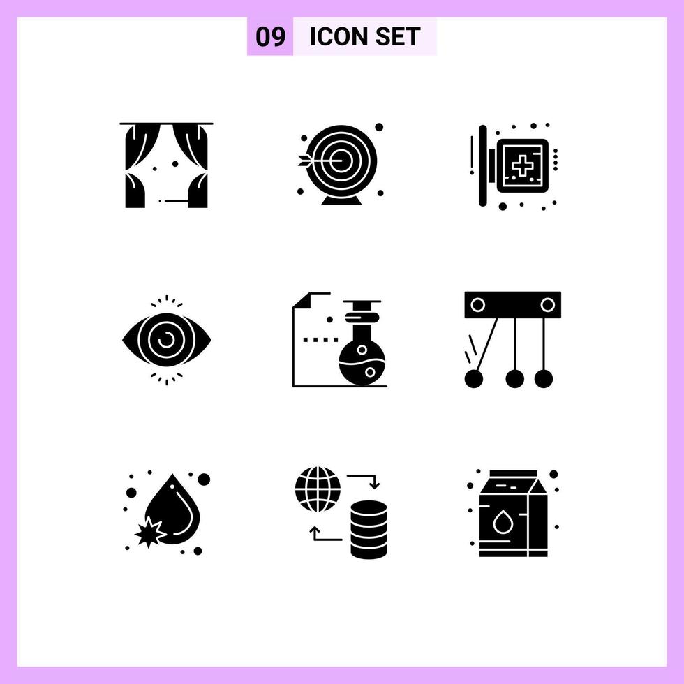 Solid Glyph Pack of 9 Universal Symbols of laboratory chemistry hospital science eye test Editable Vector Design Elements