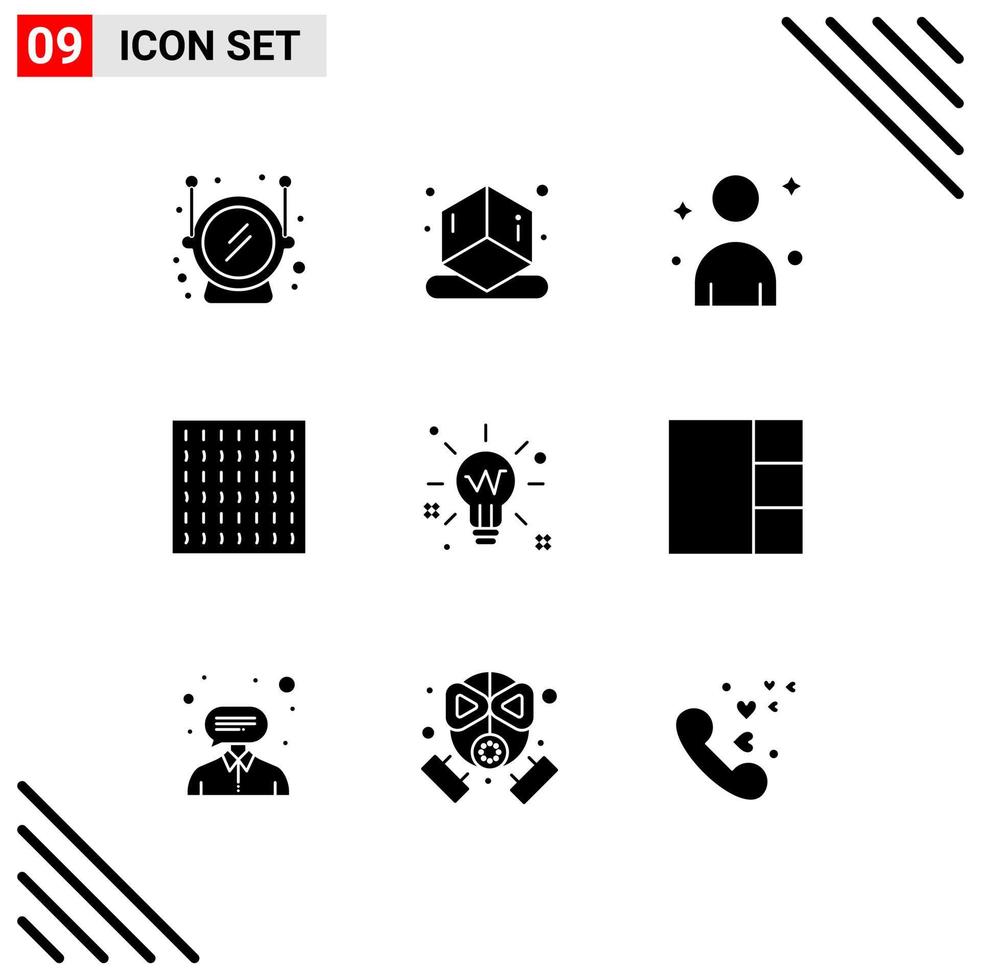 9 Thematic Vector Solid Glyphs and Editable Symbols of grid solution person idea bulb Editable Vector Design Elements