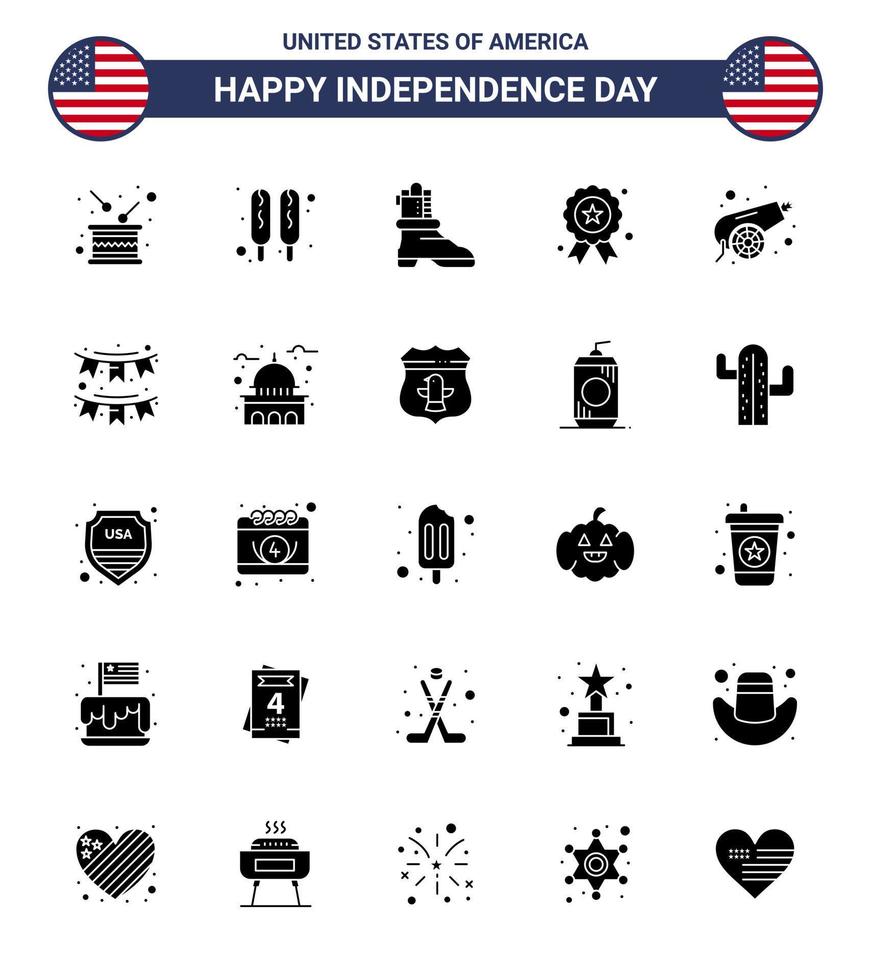 USA Independence Day Solid Glyph Set of 25 USA Pictograms of war army shose medal independece Editable USA Day Vector Design Elements