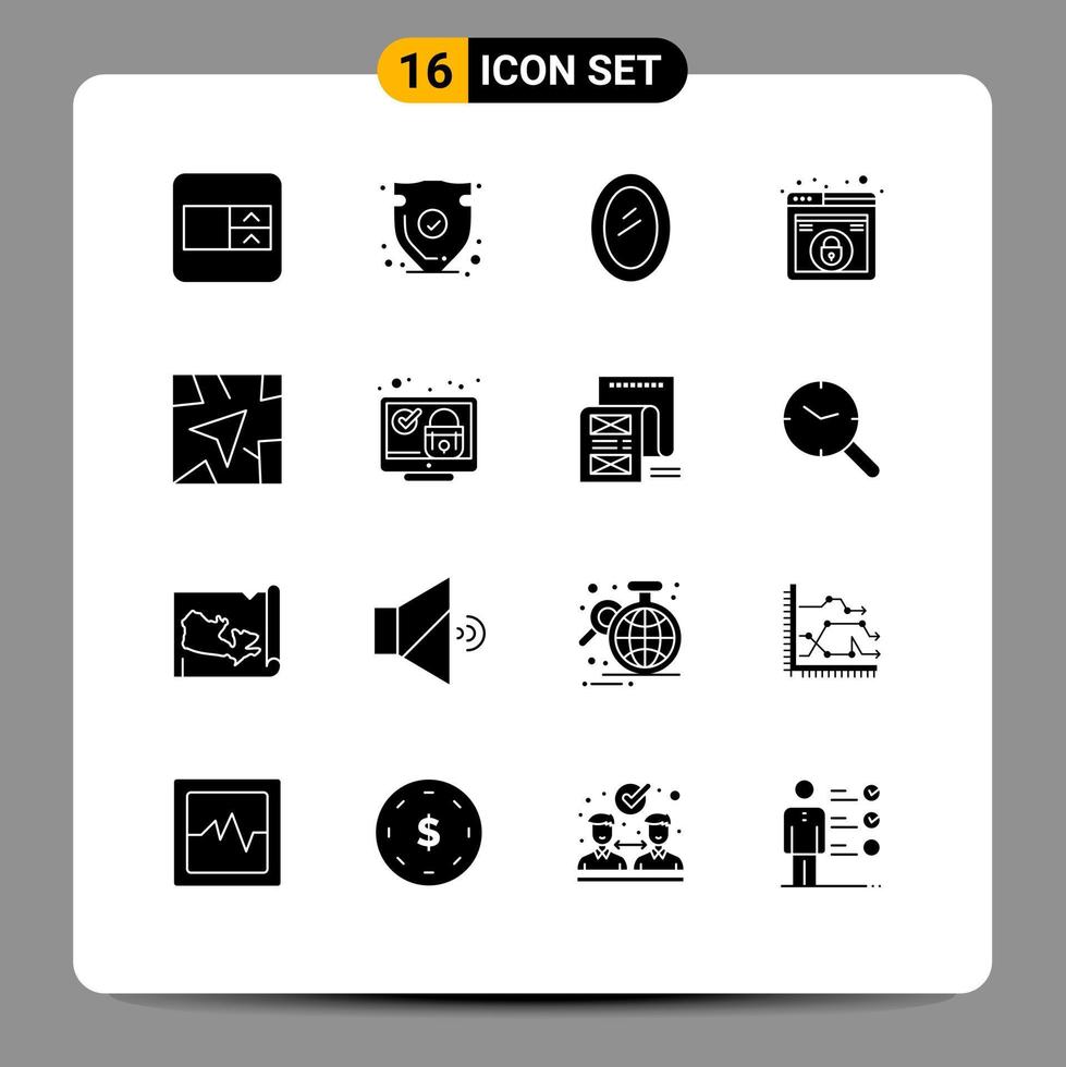 Group of 16 Modern Solid Glyphs Set for gps web appliances lock mirror Editable Vector Design Elements