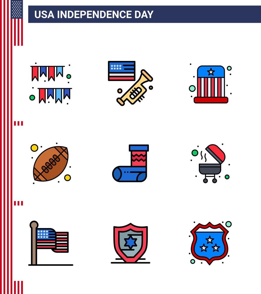 9 signos de línea plana llena para la celebración del día de la independencia de estados unidos deportes sombrero de rugby americano editable elementos de diseño vectorial del día de estados unidos vector