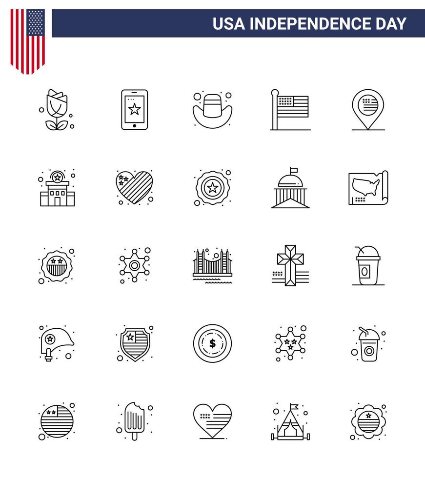 Pack of 25 creative USA Independence Day related Lines of map american american usa states Editable USA Day Vector Design Elements