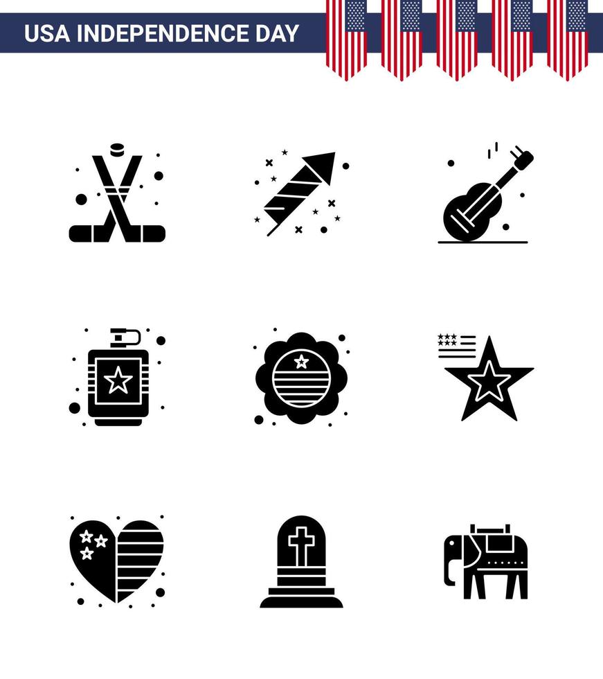 9 USA Solid Glyph Pack of Independence Day Signs and Symbols of liquid flask holiday drink american Editable USA Day Vector Design Elements
