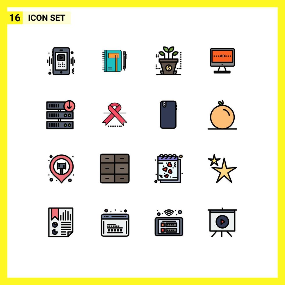 Pack of 16 Modern Flat Color Filled Lines Signs and Symbols for Web Print Media such as television tv notepad startup finance Editable Creative Vector Design Elements
