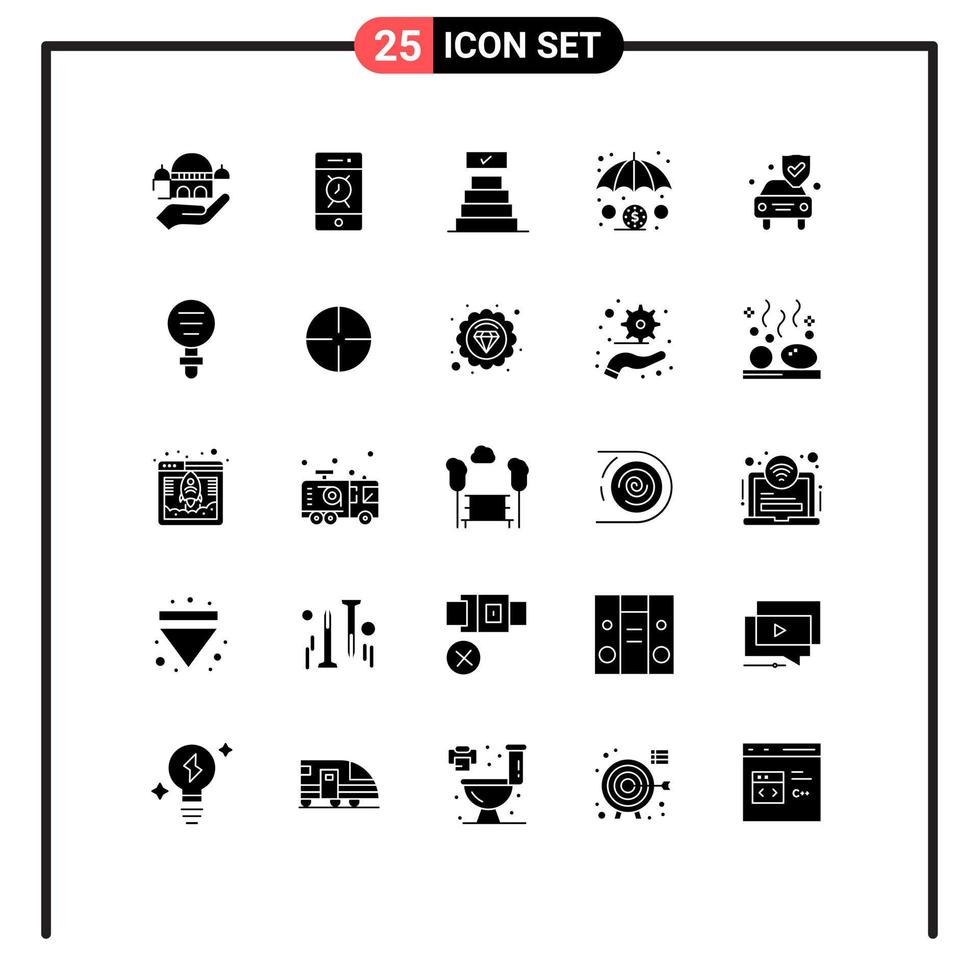 Group of 25 Modern Solid Glyphs Set for shield insurance success car insurance Editable Vector Design Elements