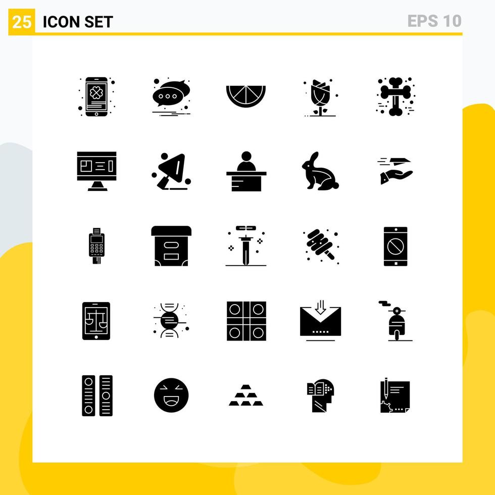 Pack of 25 Modern Solid Glyphs Signs and Symbols for Web Print Media such as crossed bone lemon rose flower Editable Vector Design Elements