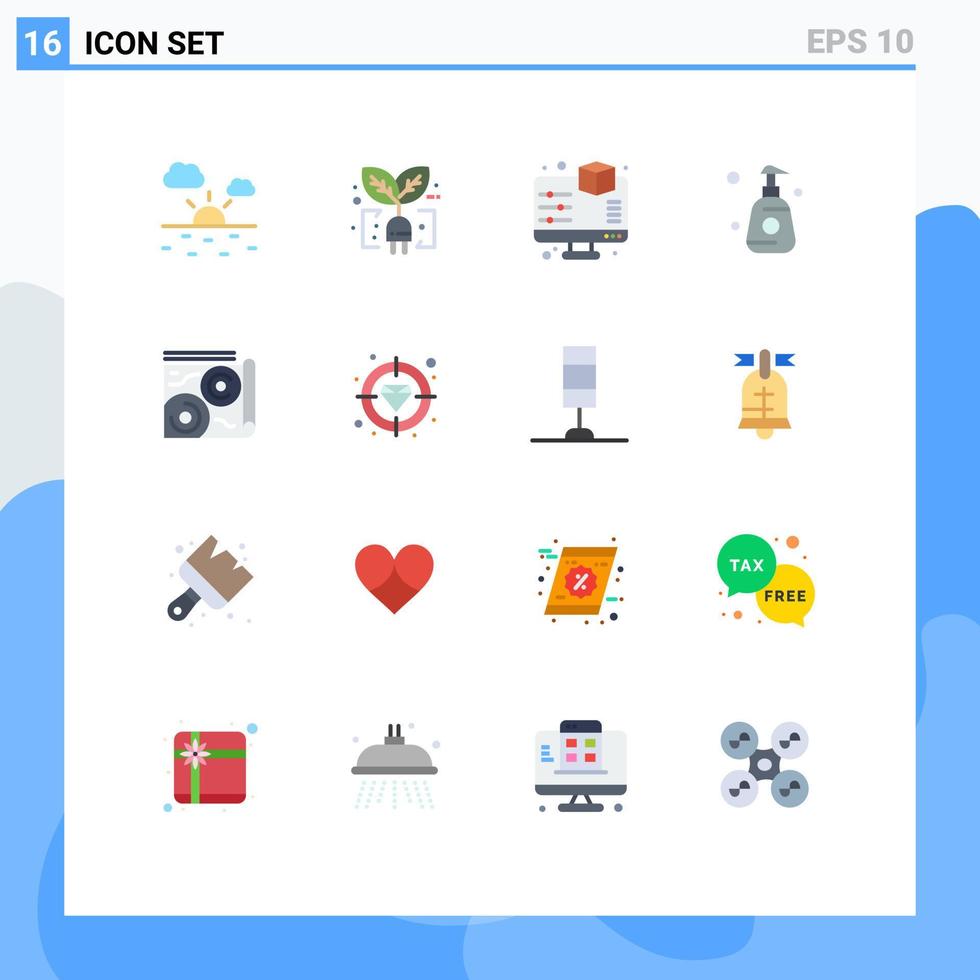 Pictogram Set of 16 Simple Flat Colors of guide map monitor sprayer shower bottle Editable Pack of Creative Vector Design Elements