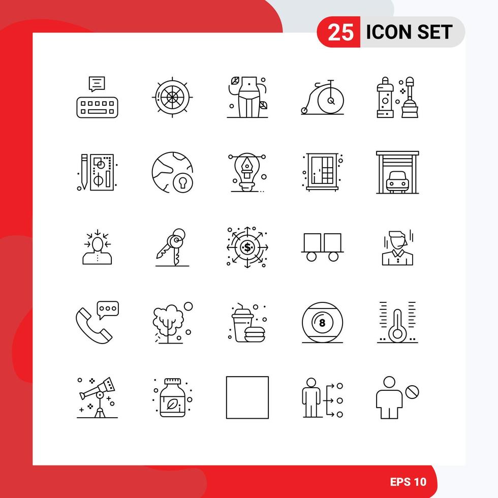 Mobile Interface Line Set of 25 Pictograms of cleaner vehicle diet transportation bike Editable Vector Design Elements