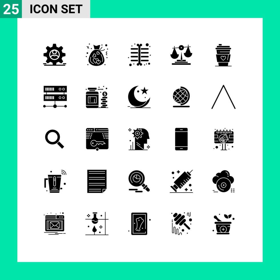 Modern Set of 25 Solid Glyphs Pictograph of love glass chest investment business Editable Vector Design Elements