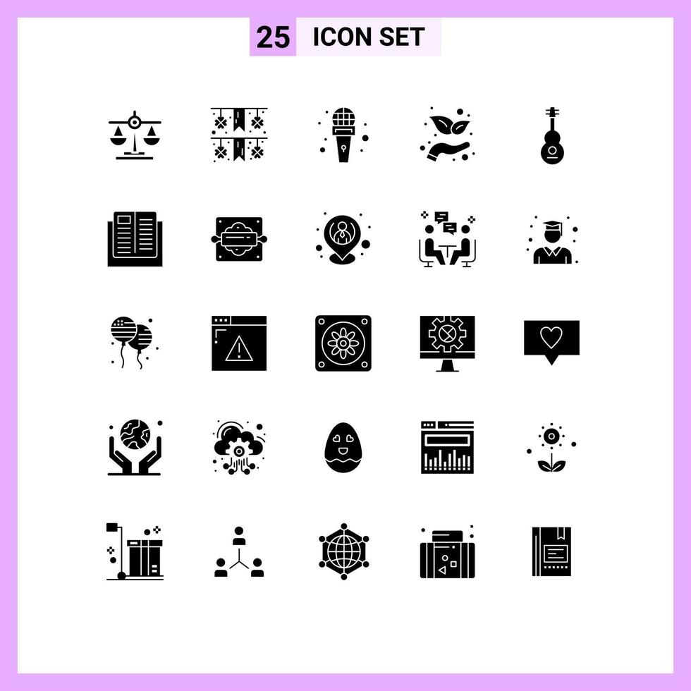 Set of 25 Commercial Solid Glyphs pack for sound instrument microphone audio investment Editable Vector Design Elements