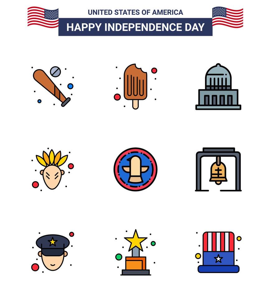 Modern Set of 9 Flat Filled Lines and symbols on USA Independence Day such as bird thanksgiving ice cream native american usa Editable USA Day Vector Design Elements