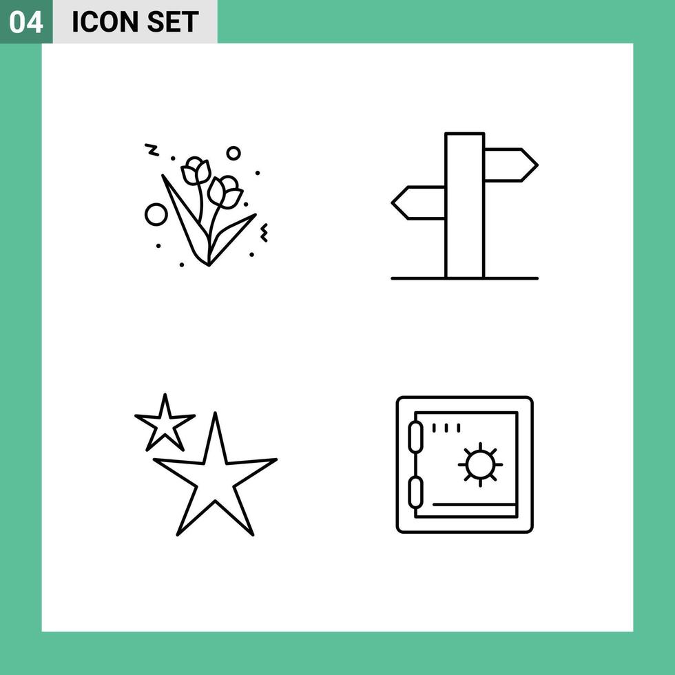 Mobile Interface Line Set of 4 Pictograms of flower star address signal deposit Editable Vector Design Elements