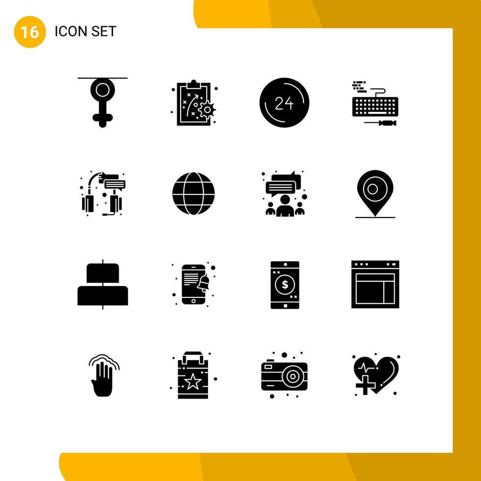 Set of 16 Vector Solid Glyphs on Grid for help repair call hardware key Editable Vector Design Elements