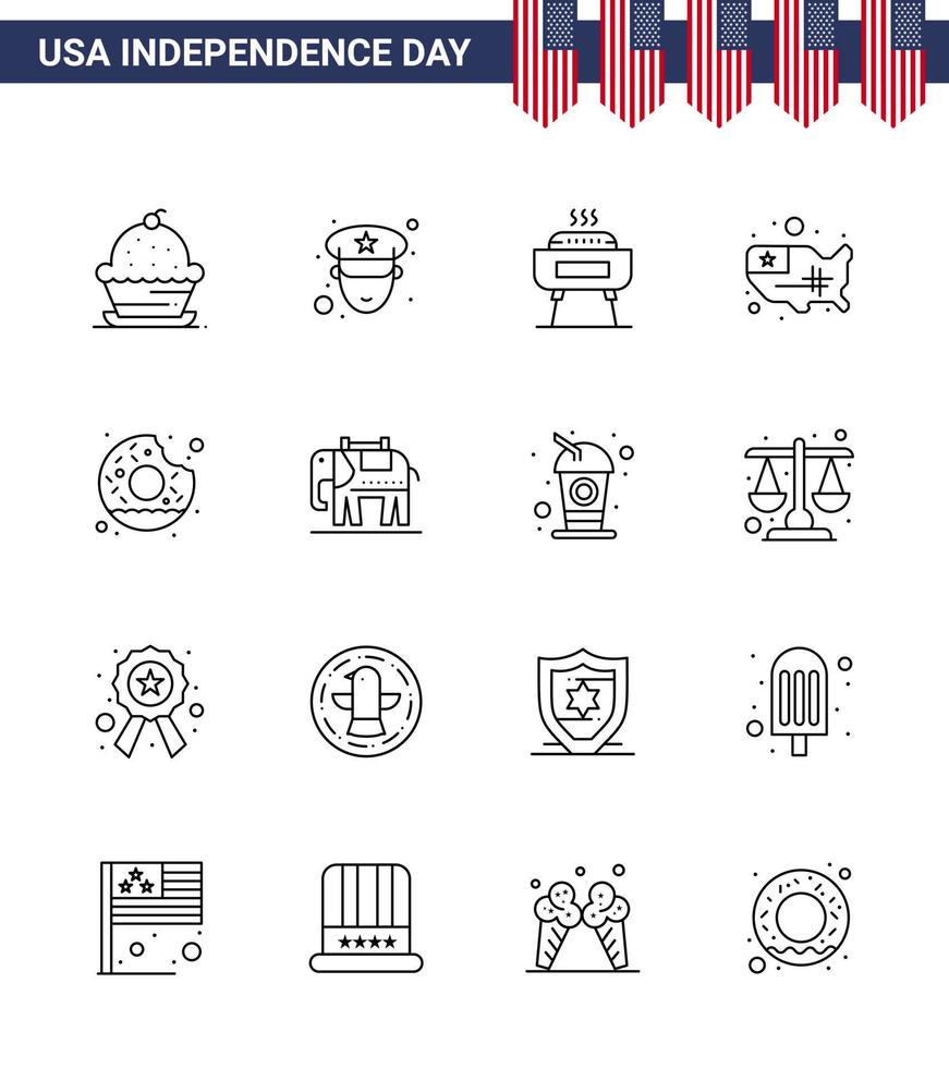 Pack of 16 USA Independence Day Celebration Lines Signs and 4th July Symbols such as round usa barbeque united map Editable USA Day Vector Design Elements