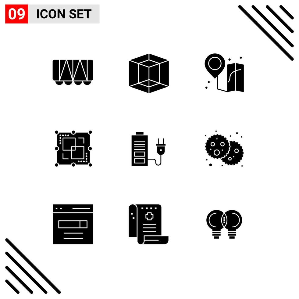 Pictogram Set of 9 Simple Solid Glyphs of bread power map battery point Editable Vector Design Elements