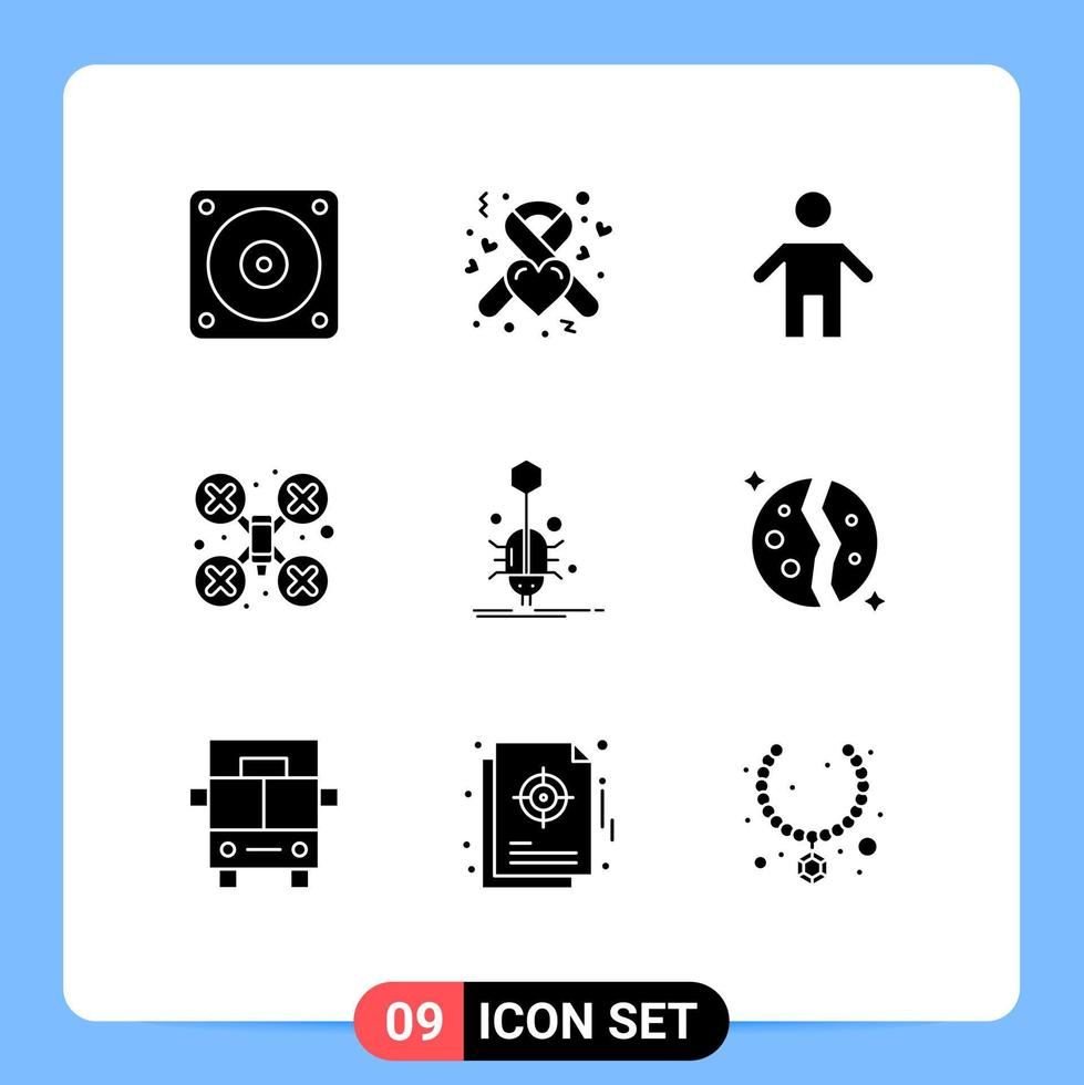 Solid Glyph Pack of 9 Universal Symbols of spider bug family drone robot camera Editable Vector Design Elements