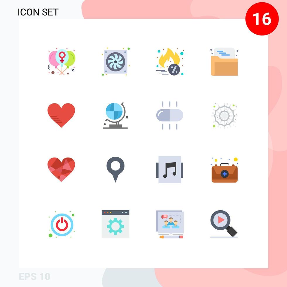 Pack of 16 Modern Flat Colors Signs and Symbols for Web Print Media such as love data hardware folder seo Editable Pack of Creative Vector Design Elements