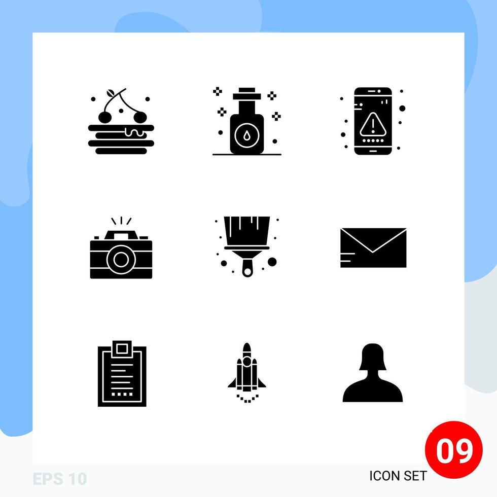 Group of 9 Solid Glyphs Signs and Symbols for paint picture error photo camera Editable Vector Design Elements