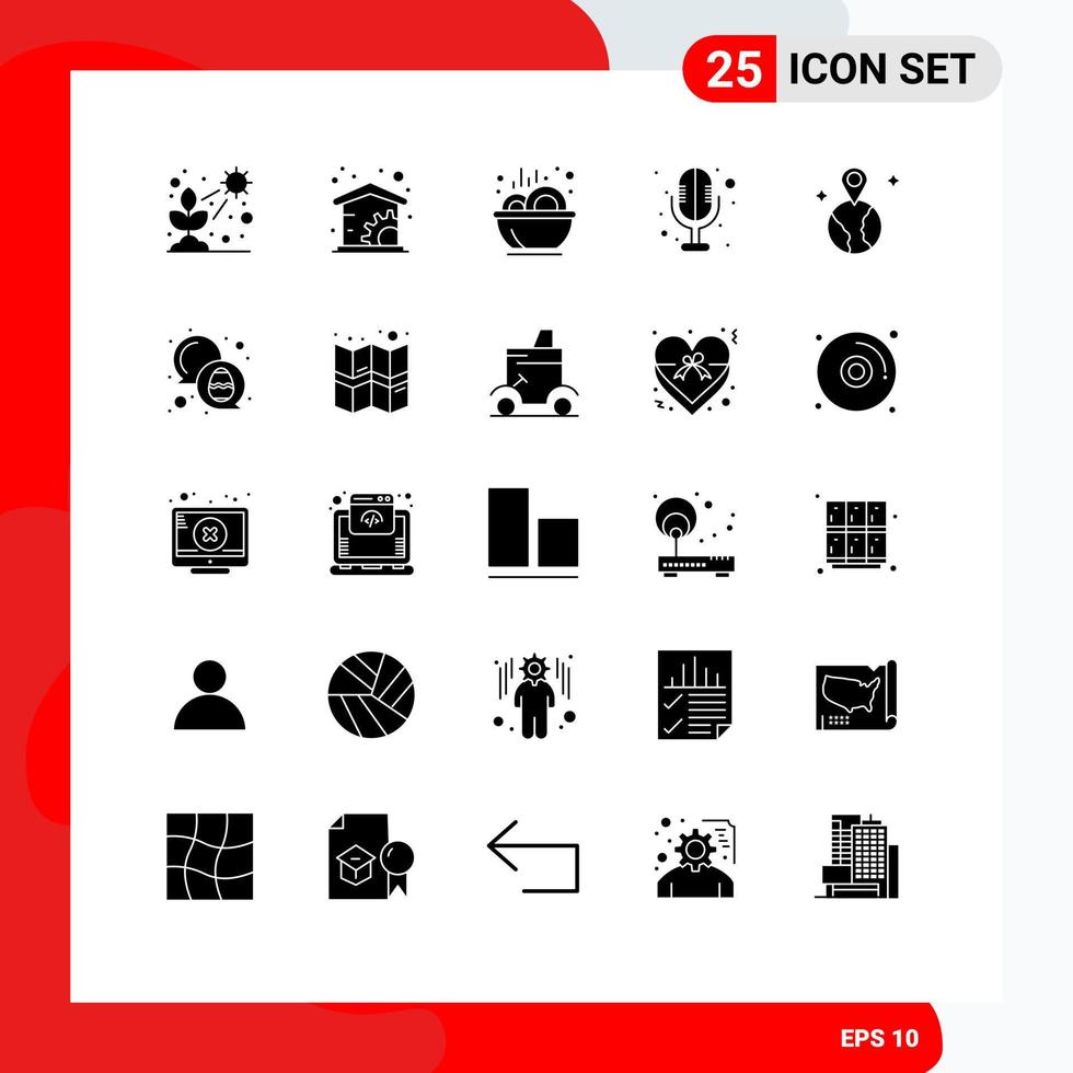 Modern Set of 25 Solid Glyphs Pictograph of location world bowl sound recorder electronics Editable Vector Design Elements