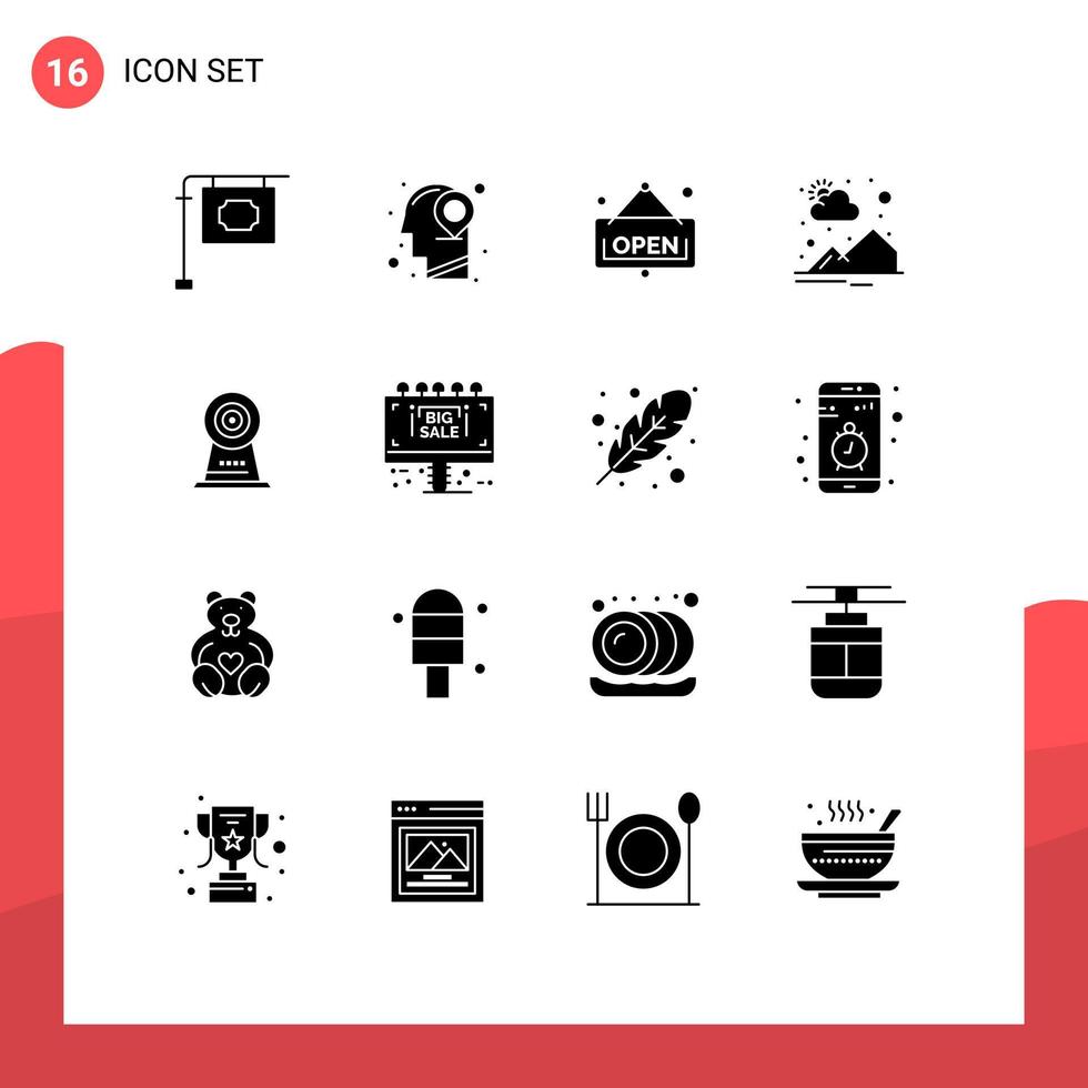 Solid Glyph Pack of 16 Universal Symbols of hotel webcam board camera sun Editable Vector Design Elements