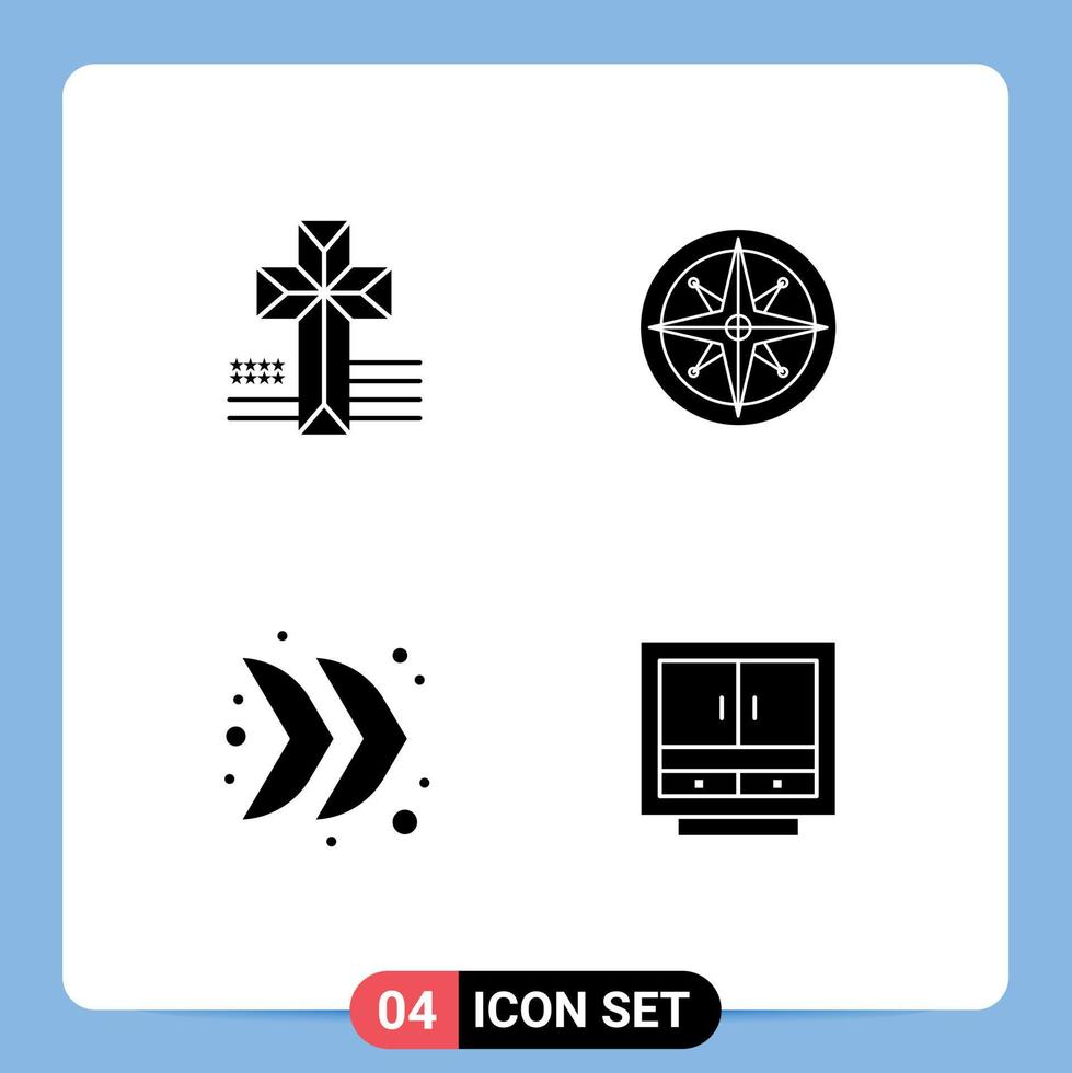 Mobile Interface Solid Glyph Set of 4 Pictograms of american direction compass navigator multimedia Editable Vector Design Elements