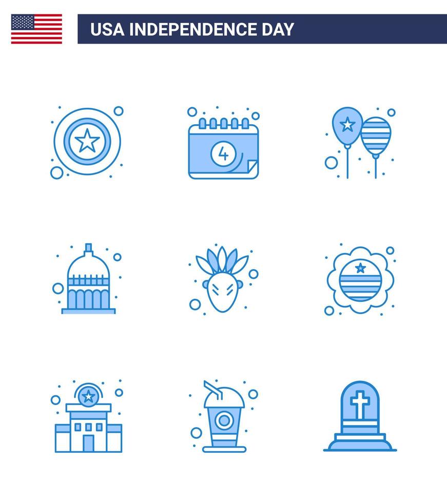 paquete de feliz día de la independencia de 9 signos y símbolos de blues para globos de la casa estatal estadounidense indianapolis bandera de américa elementos de diseño de vector editables del día de estados unidos