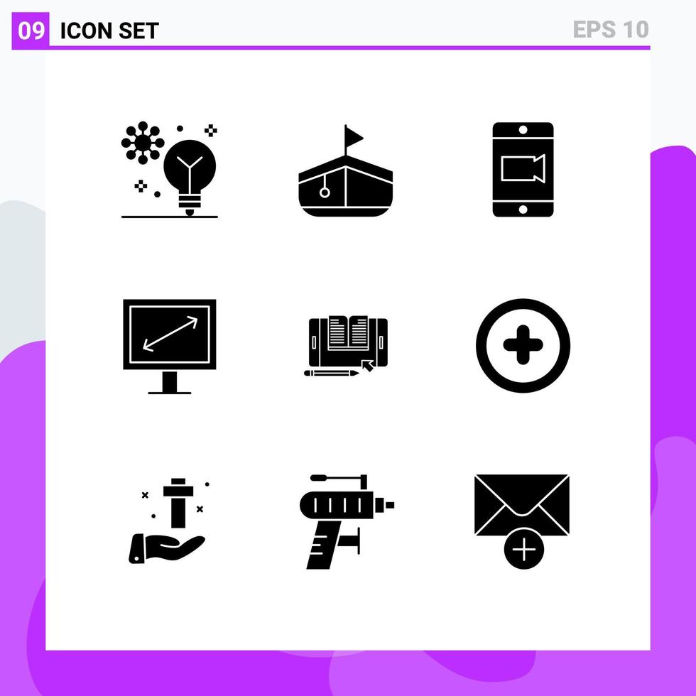 9 User Interface Solid Glyph Pack of modern Signs and Symbols of tablet file mobile application display Editable Vector Design Elements