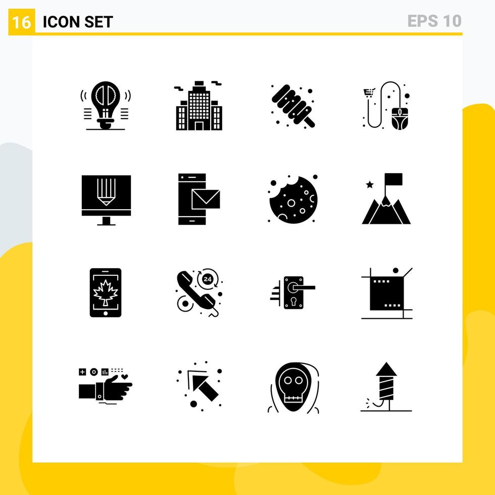 paquete de línea de vector editable de 16 glifos sólidos simples de envío de computadora elementos de diseño de vector editables con clic de ratón de comida