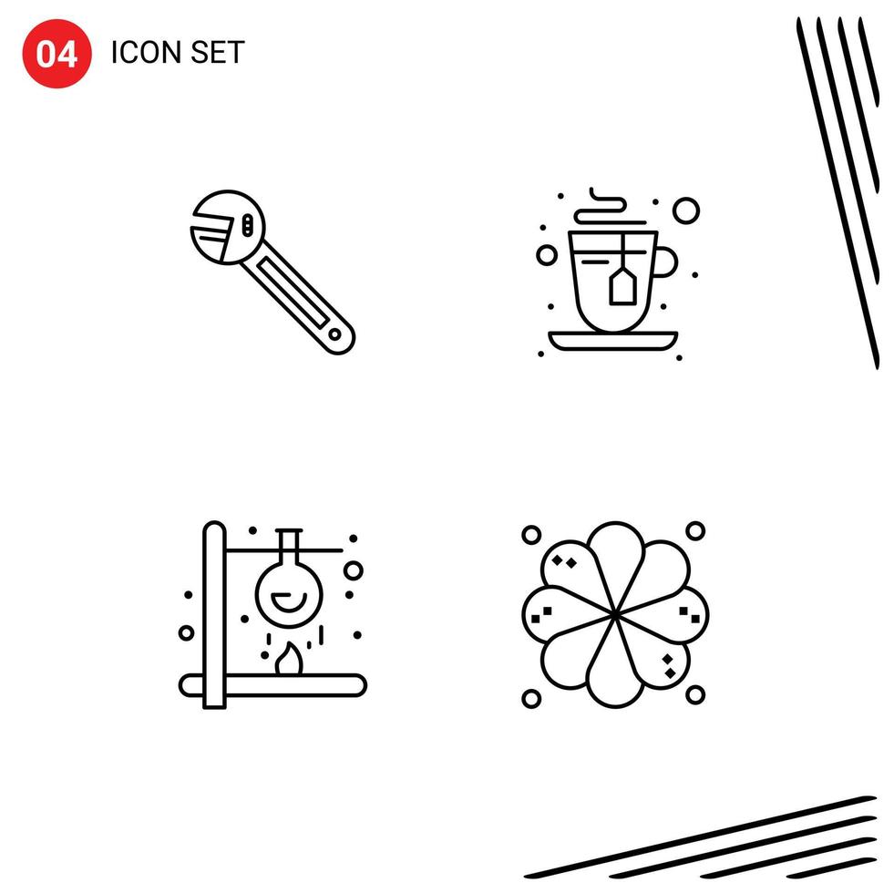 Set of 4 Modern UI Icons Symbols Signs for wrench fire spanner hot laboratory Editable Vector Design Elements