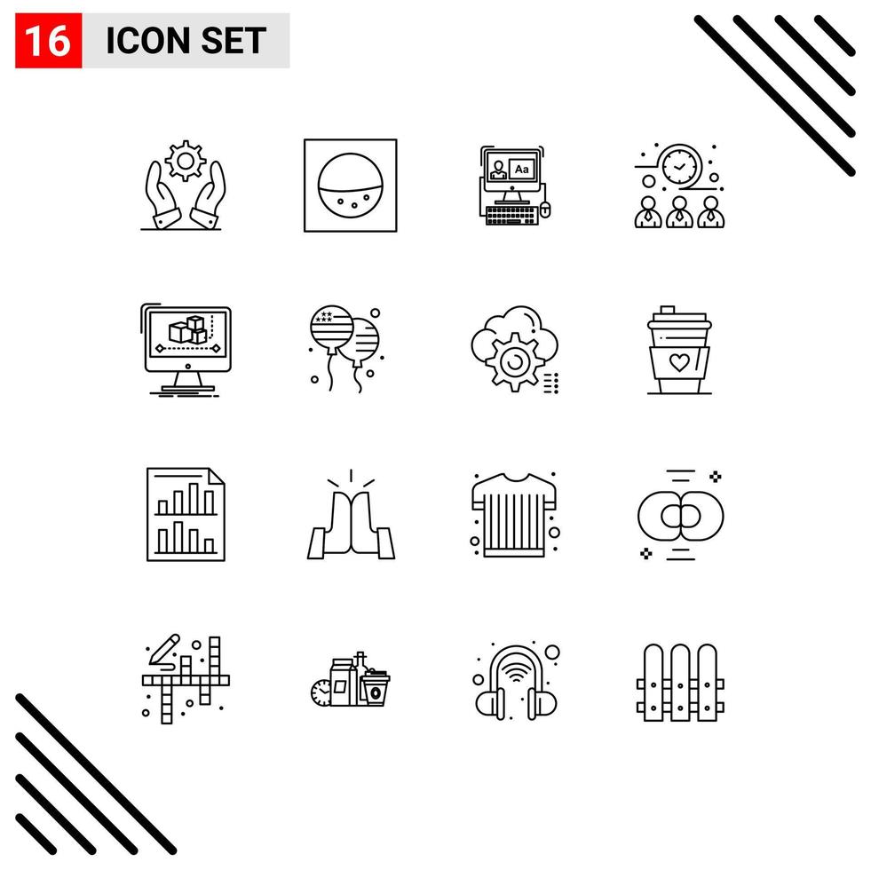 16 User Interface Outline Pack of modern Signs and Symbols of monitor computer software animation time Editable Vector Design Elements