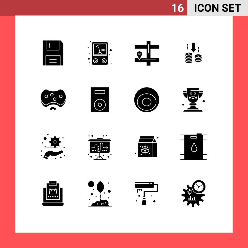 Pack of 16 Modern Solid Glyphs Signs and Symbols for Web Print Media such as hospital care map analysis transfer Editable Vector Design Elements