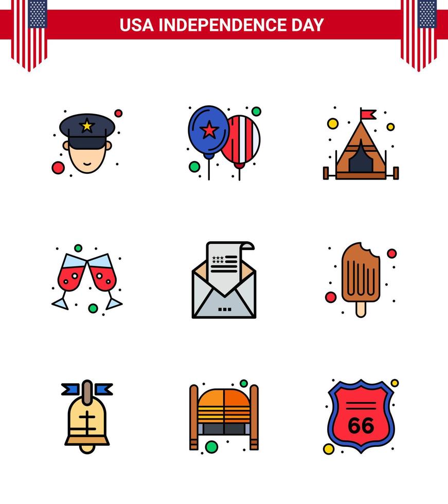 feliz día de la independencia 9 líneas llenas planas paquete de iconos para web e imprimir correo saludo camping sobre copa de vino elementos de diseño de vector de día de estados unidos editables