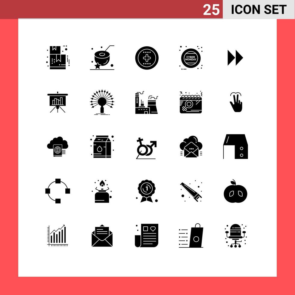 Modern Set of 25 Solid Glyphs Pictograph of media control fast media sign holding Editable Vector Design Elements