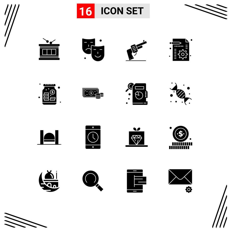 Group of 16 Solid Glyphs Signs and Symbols for money setting gun file business Editable Vector Design Elements