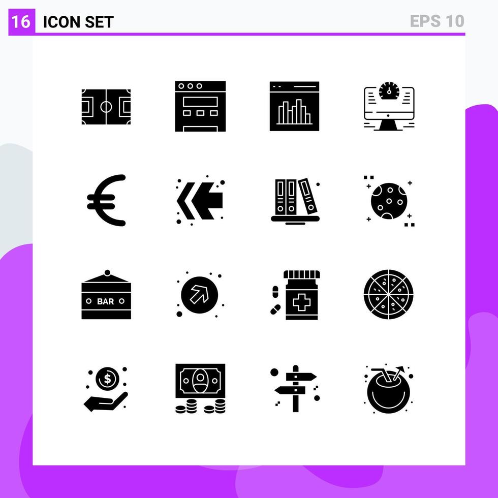 Group of 16 Solid Glyphs Signs and Symbols for euro watch coding time computer Editable Vector Design Elements