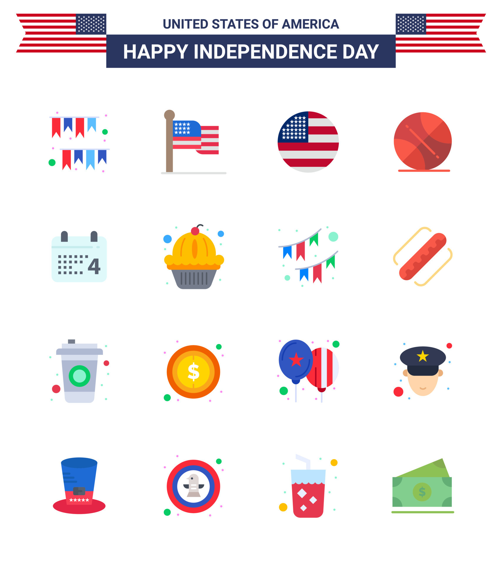 Set of 16 Modern Flats pack on USA Independence Day american date usa