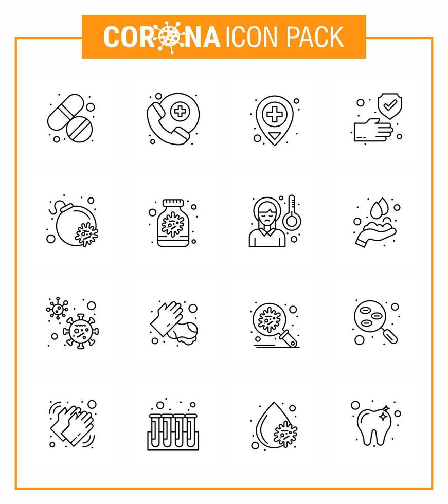 Conjunto de 16 líneas de íconos epidémicos del virus de la corona, como protección contra ataques de ubicación de bombas antivirus, coronavirus viral 2019nov, elementos de diseño de vectores de enfermedades