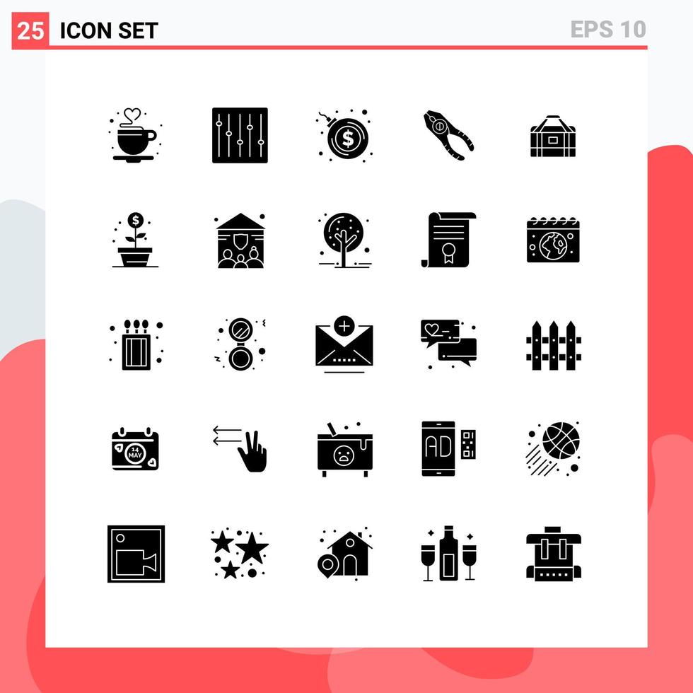 conjunto de glifos sólidos de interfaz móvil de 25 pictogramas de equipo herramienta bomba explosión reparación alicates elementos de diseño vectorial editables vector