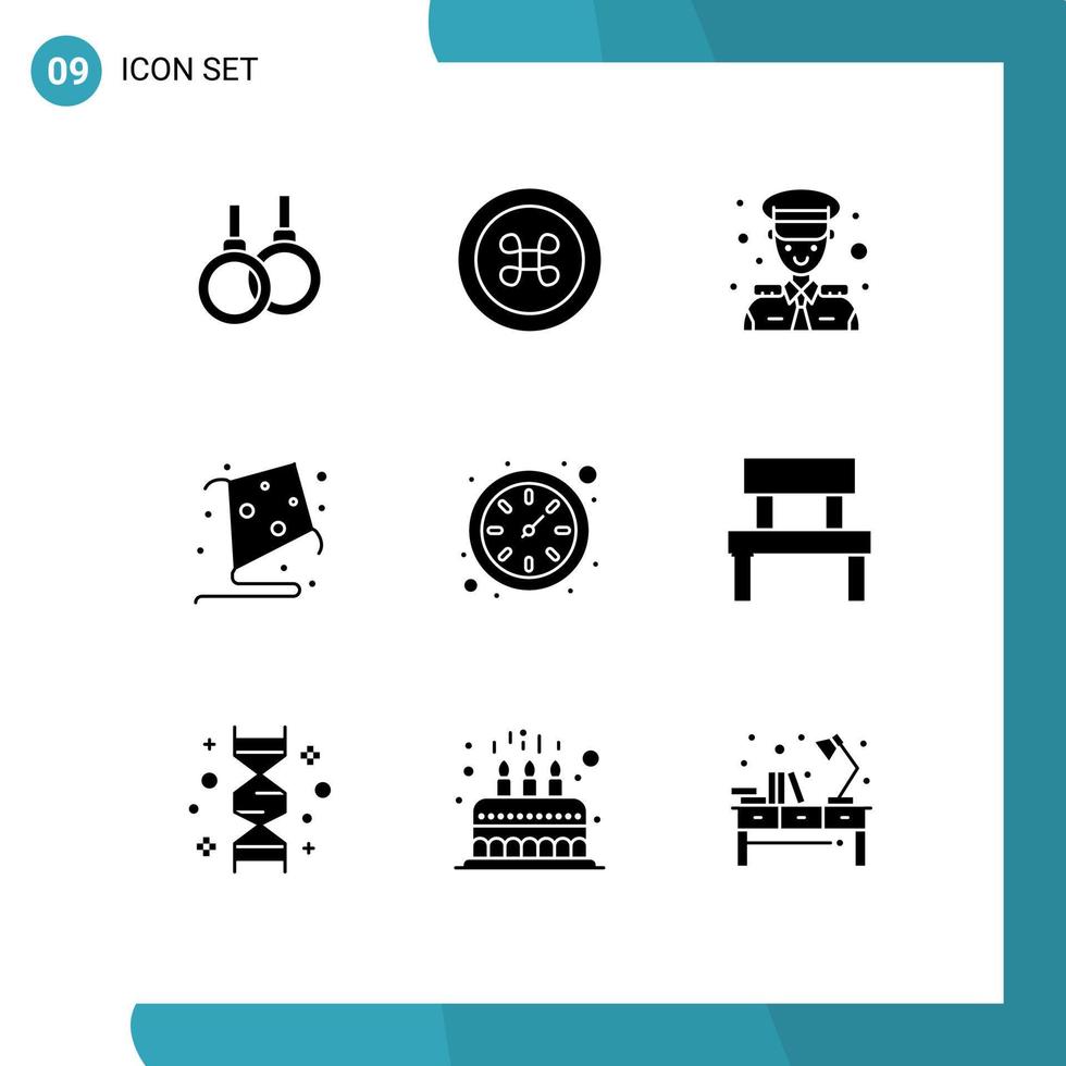 Set of 9 Commercial Solid Glyphs pack for bench time avatar clock fly Editable Vector Design Elements