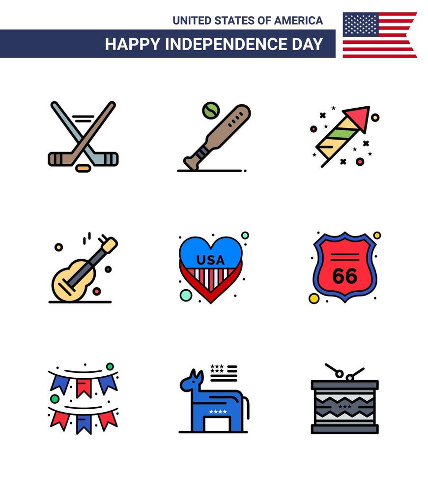 Pack of 9 creative USA Independence Day related Flat Filled Lines of american usa usa music holiday Editable USA Day Vector Design Elements