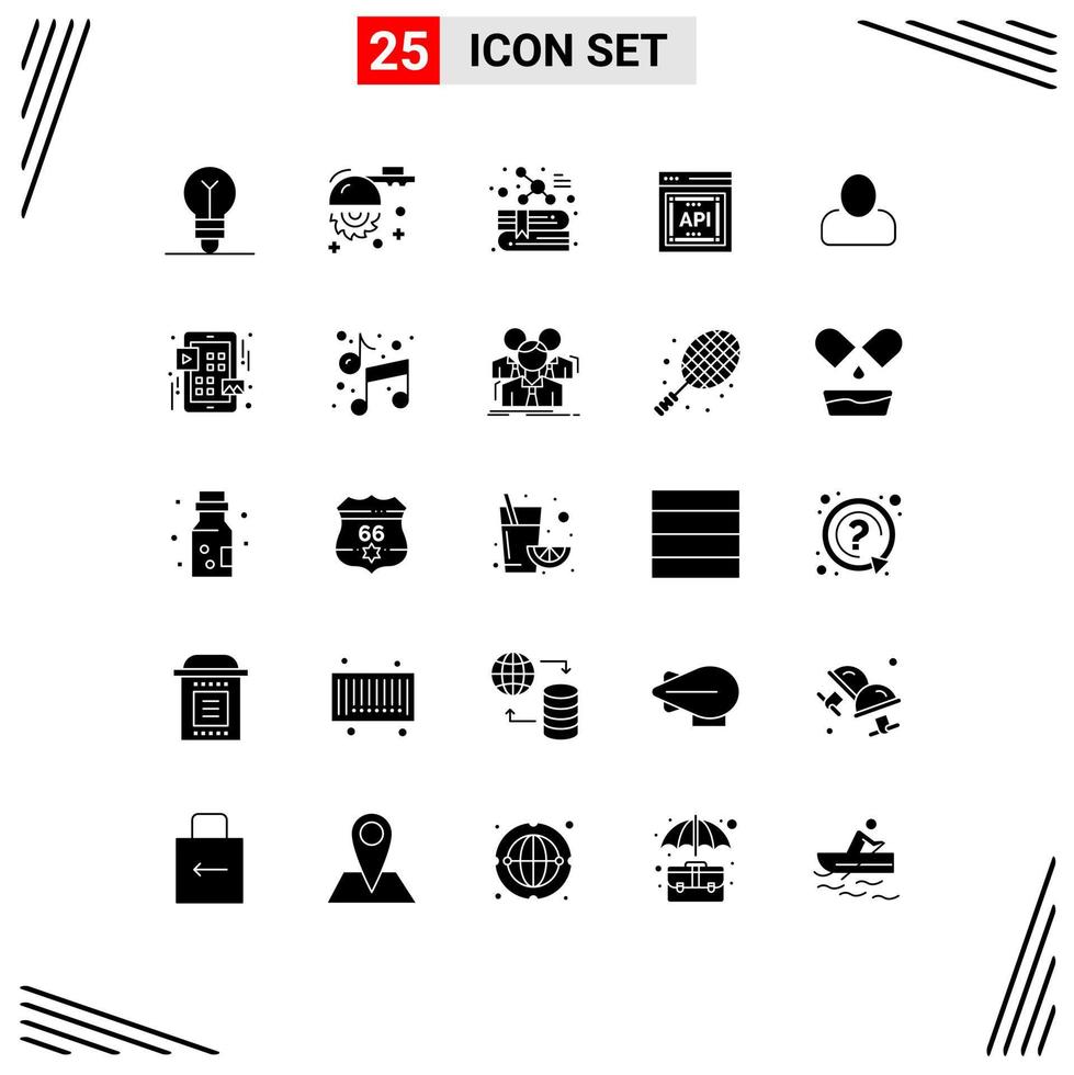 Mobile Interface Solid Glyph Set of 25 Pictograms of man software book application programmer interface api Editable Vector Design Elements