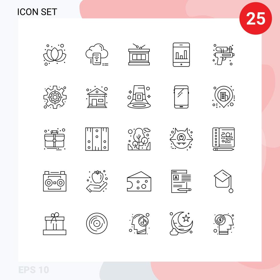 Group of 25 Modern Lines Set for water gun drum smartphone analytics Editable Vector Design Elements