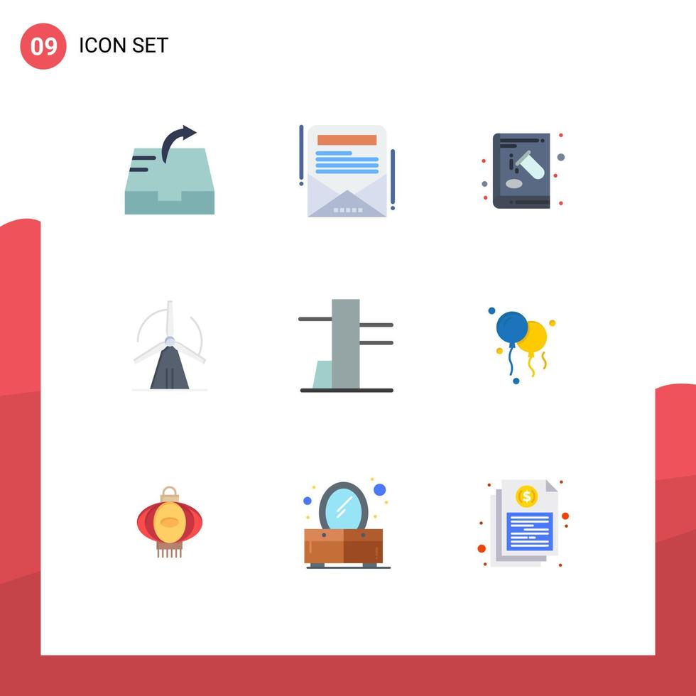 User Interface Pack of 9 Basic Flat Colors of decoration tools and utensils chemistry power wind Editable Vector Design Elements