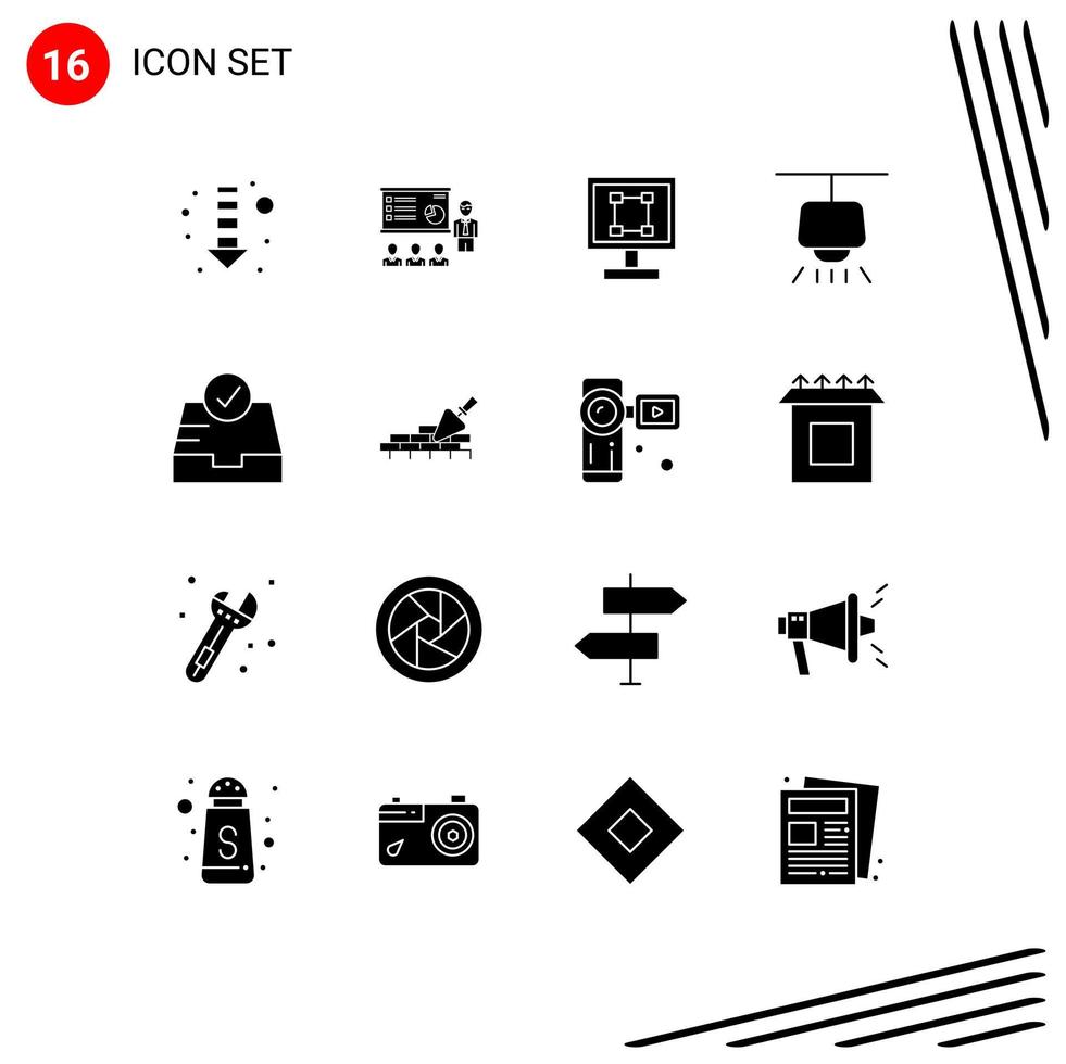 16 Universal Solid Glyphs Set for Web and Mobile Applications light chandelier people application design Editable Vector Design Elements
