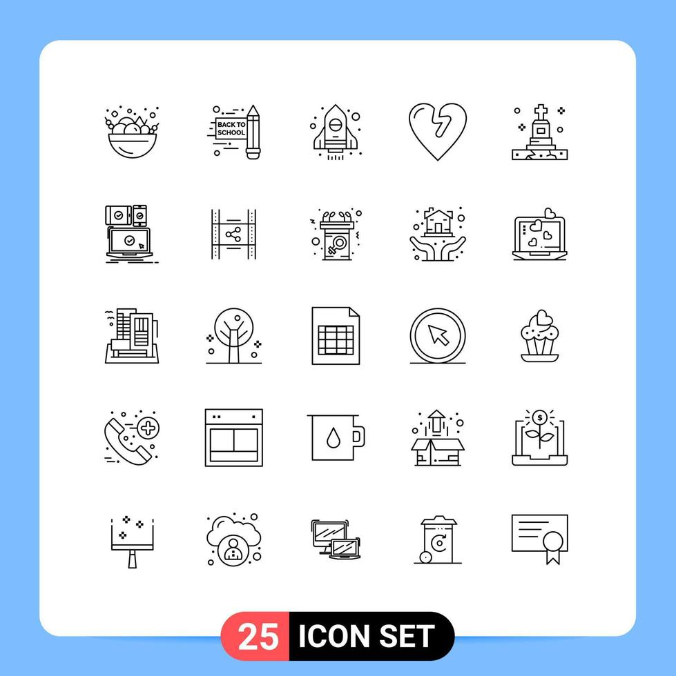 User Interface Pack of 25 Basic Lines of mobile computer heart attack tomb funeral Editable Vector Design Elements