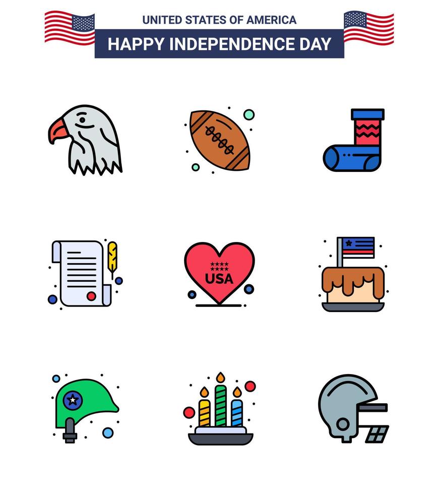 conjunto moderno de 9 líneas planas rellenas y símbolos en el día de la independencia de estados unidos, como el día de la celebración del corazón americano, elementos de diseño vectorial editables en papel del día de estados unidos vector